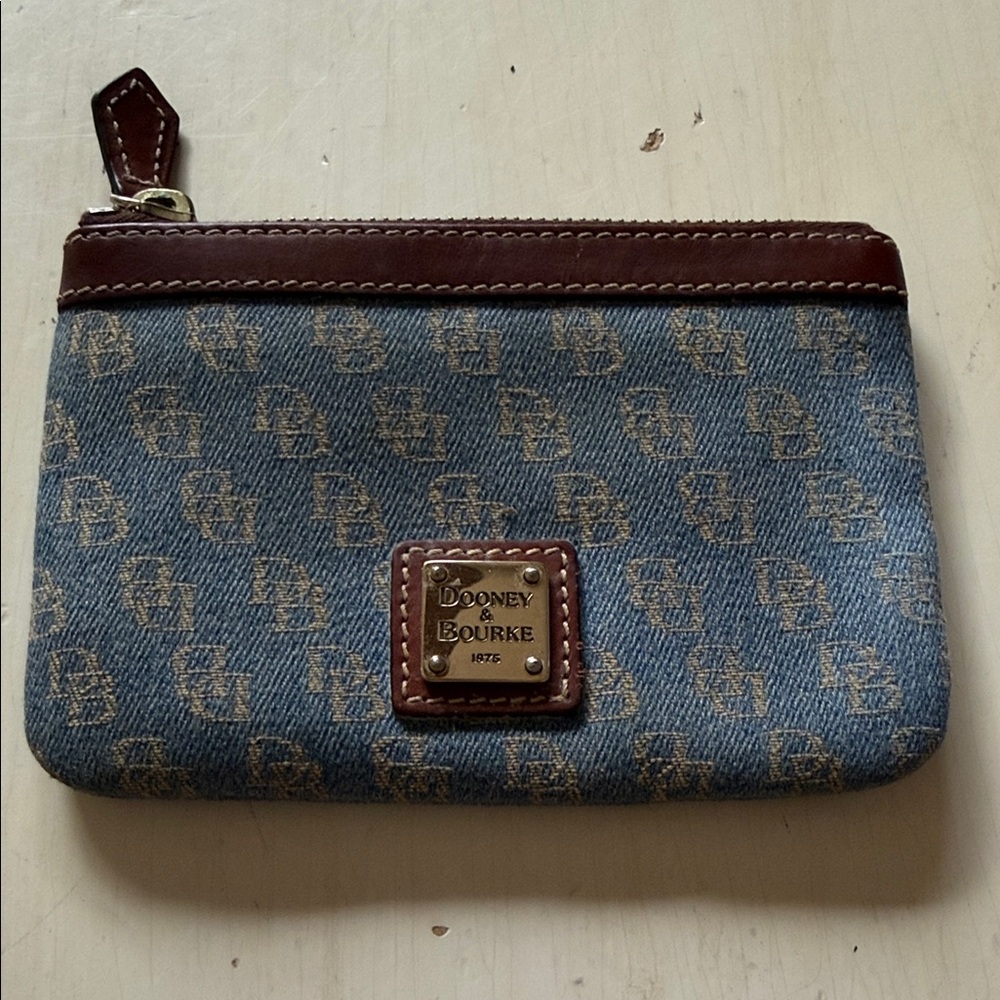 Vintage Dooney & Bourke Blue Monogram Coin Pouch with Brown Leather Trim